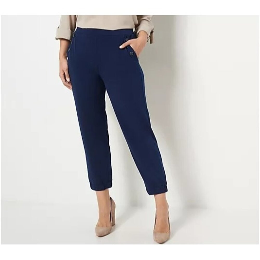 Susan Graver Liquid Knit Crop PullOn Jogger w/Buttons 5X Navy Blue A479203 NEW